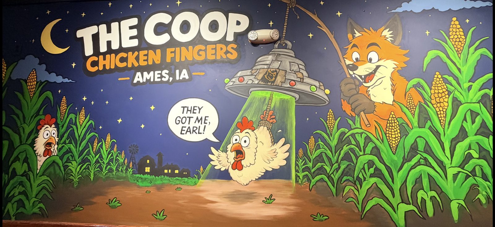 The Coop Chicken Fingers Ames, Wall 1, original artwork by Amanda Fatino