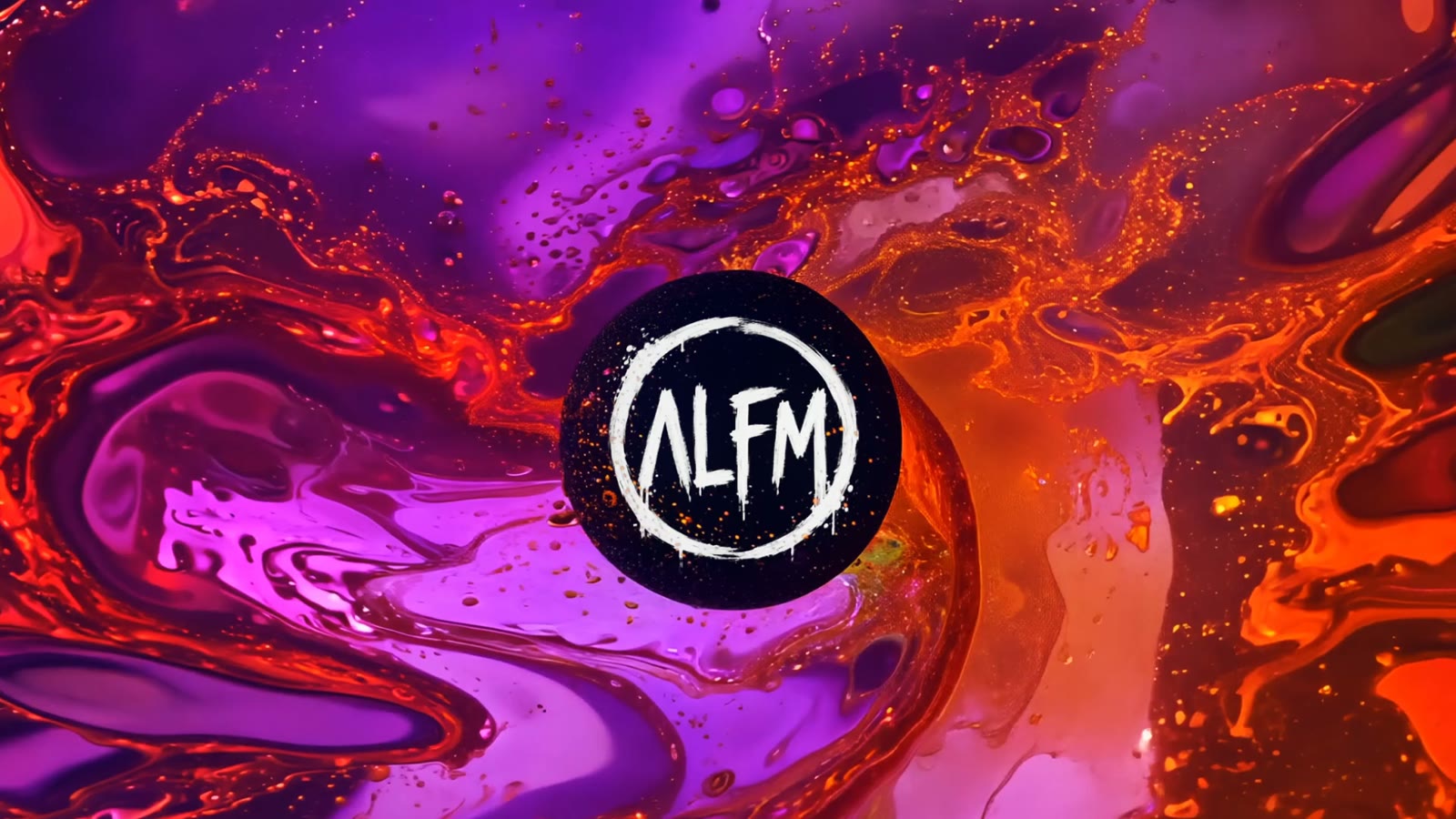 The ALFM logo glowing inside a dark orb surrounded by swirling orange, gold and pink paint